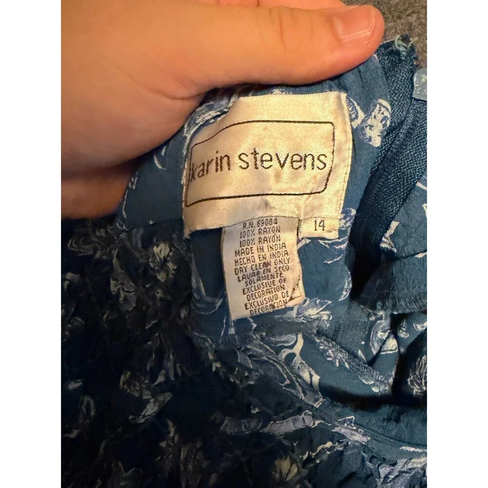 Karin Stevens Womens 14 Teal Blue Floral Smocked Maxi Dress Rayon Short Sleeve